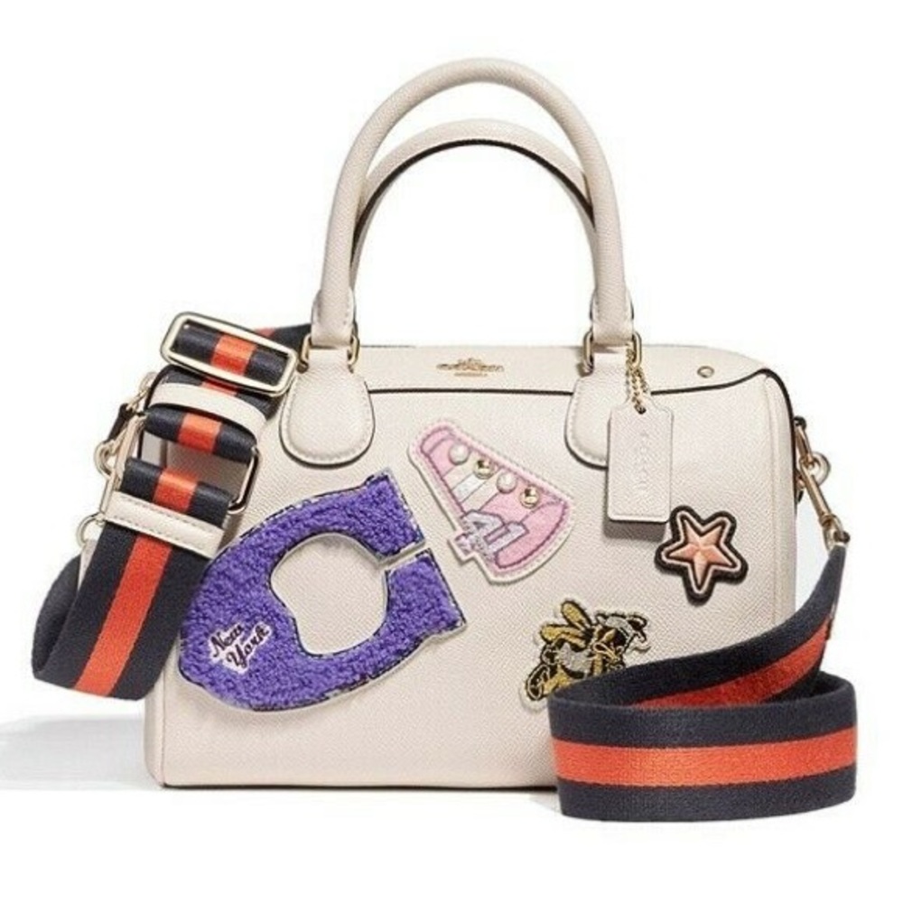 Coach Mini Bennett Satchel Crossbody Leather With Patches and Strap White
